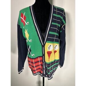 Vintage 1990s L Novelty Golf Plaid Cardigan